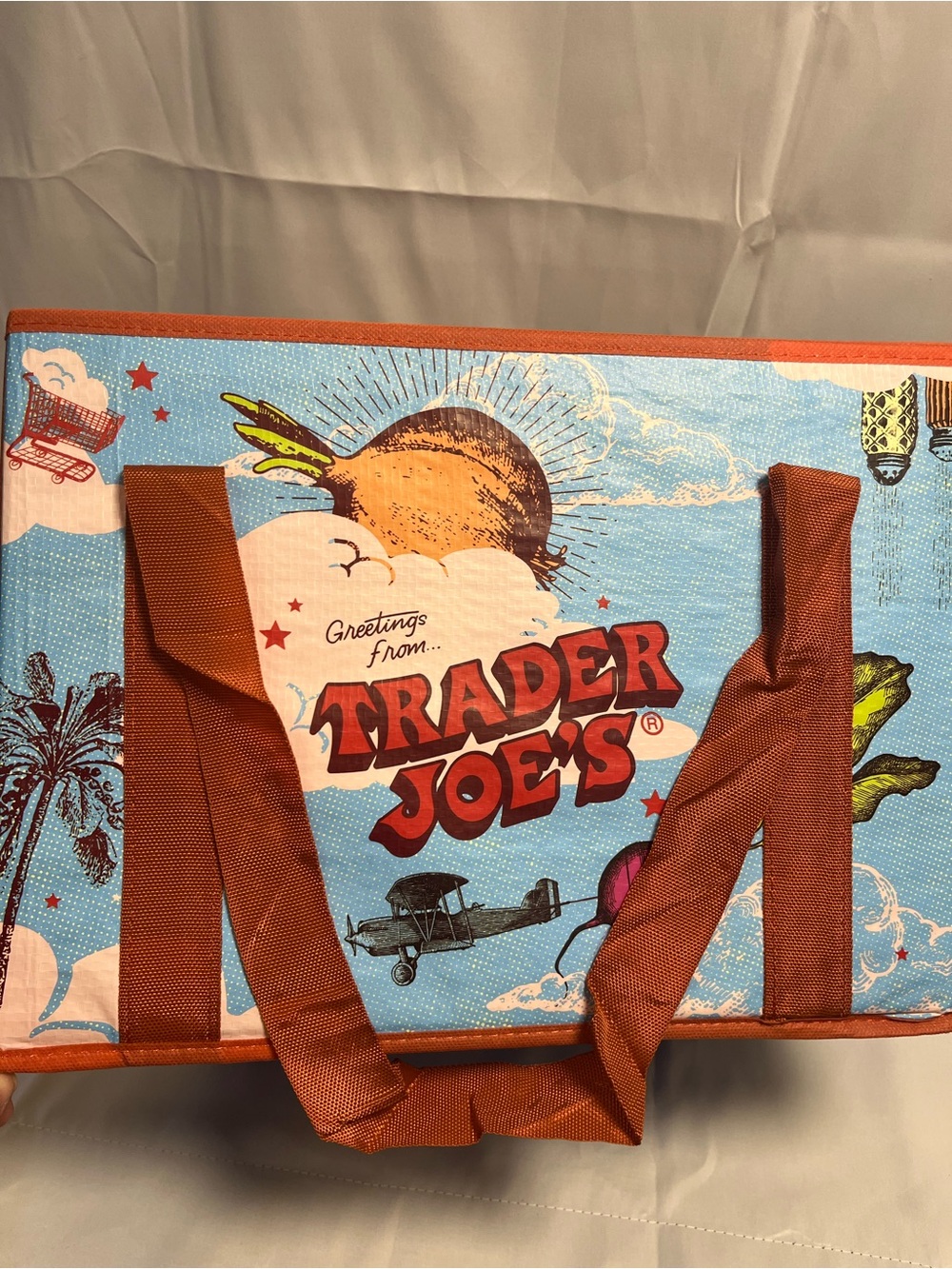 Trader Joe’s stand up and collapsible Tote Bag in Orange and Blue